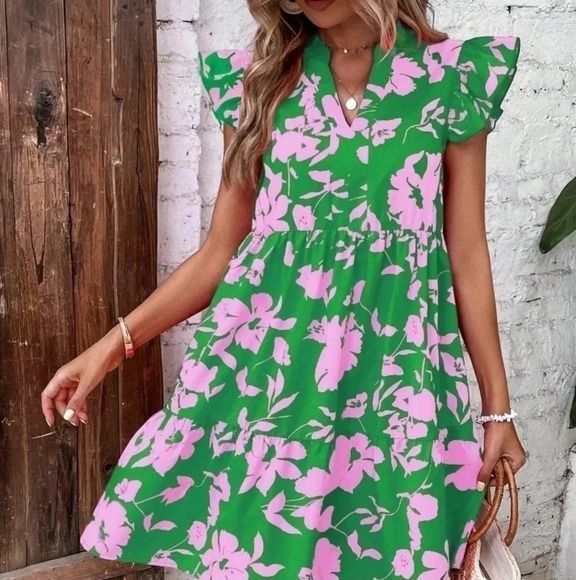 Green Boho Womens Floral Print Butterfly Sleeve Ruffle Hem Smock Dress - Picture 1 of 5